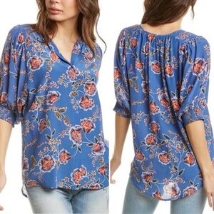 Johnny Was Jade Raine Silk Floral Blouse Womens M Blue Button Front Boho